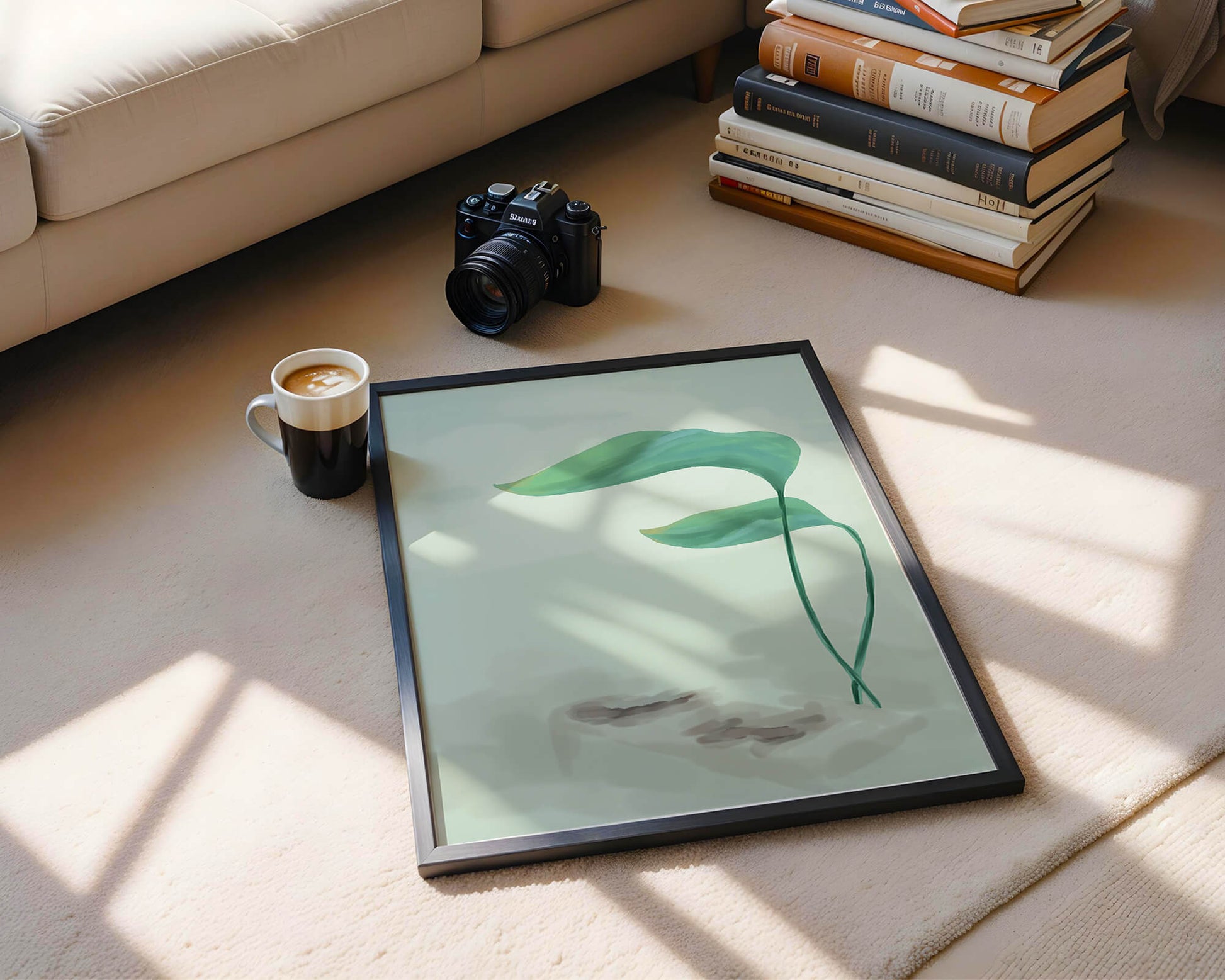 Minimalistic Art of Green Leaves on Abstract Background
