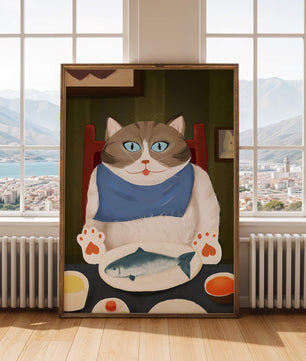 Ilustración de un gato comiendo con pescado y babero azul