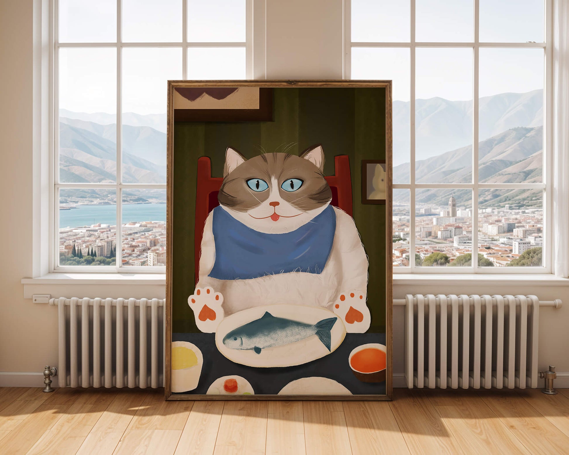 Ilustración de un gato comiendo con pescado y babero azul