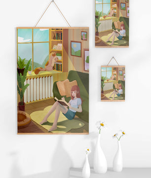 Cozy Living Room with a Reading Girl and Cat by the Window
