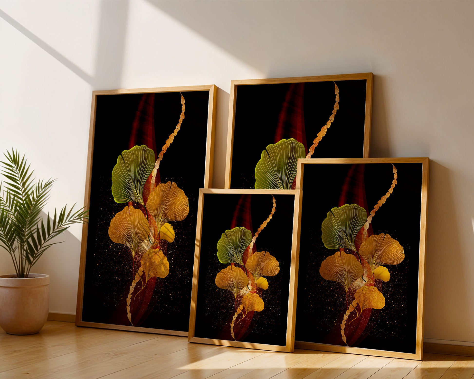 Art abstrait floral avec des feuilles de gingko dorées et un fond sombre