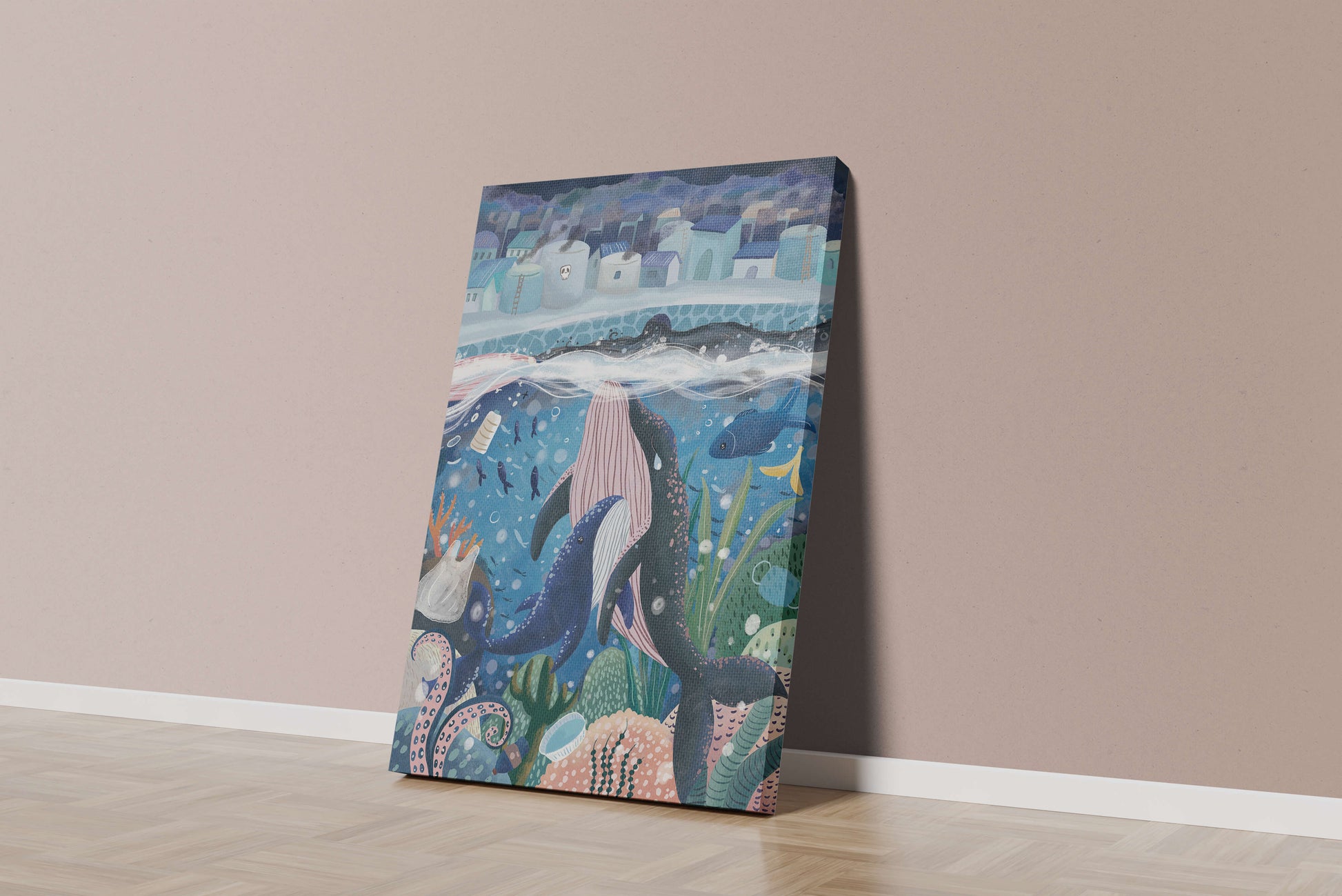 Whimsical Underwater City with Marine Life and Pollution