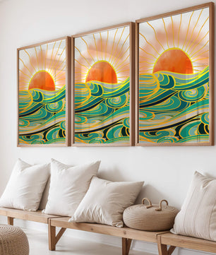 Sunrise over stylized ocean waves with gold accents