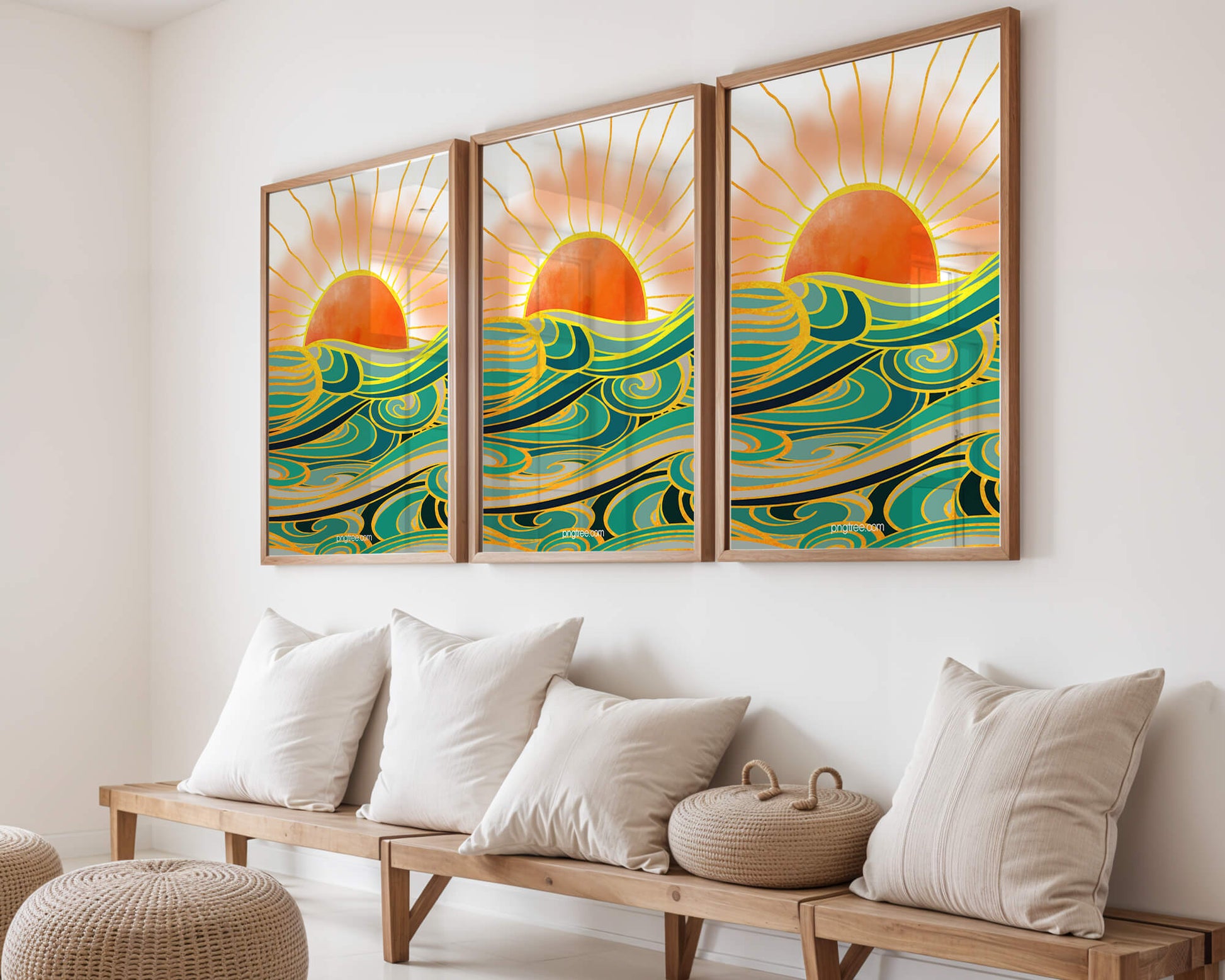 Sunrise over stylized ocean waves with gold accents