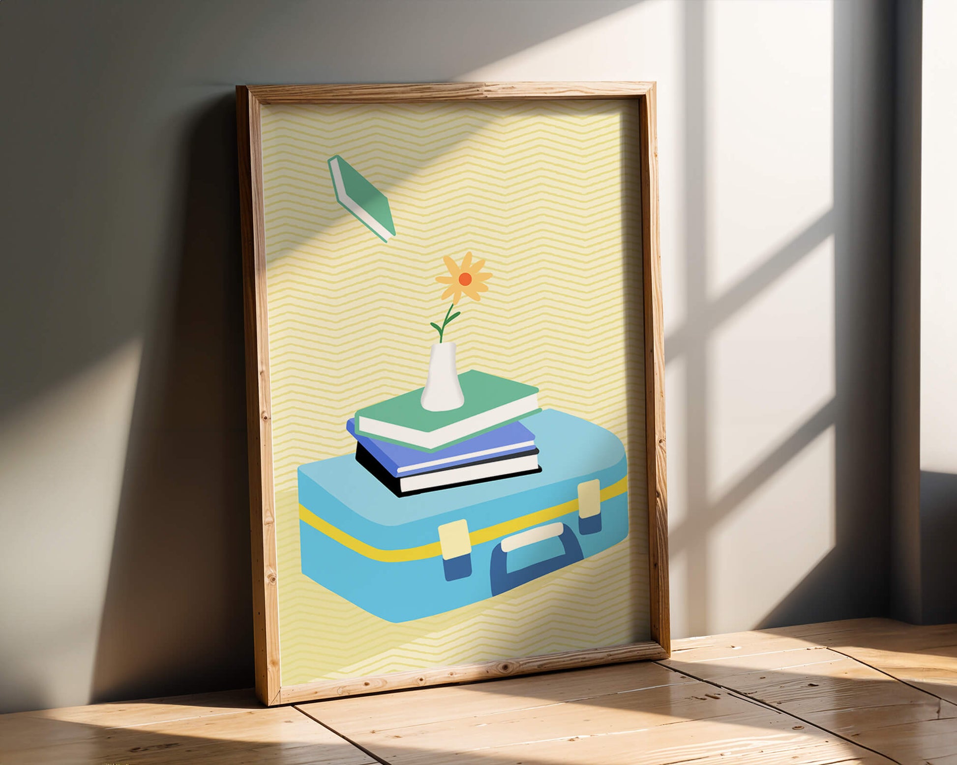 Colorful still life with books, flower vase, and suitcase