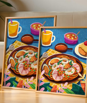 Escena ilustrativa de desayuno colorida con pasta y bebidas