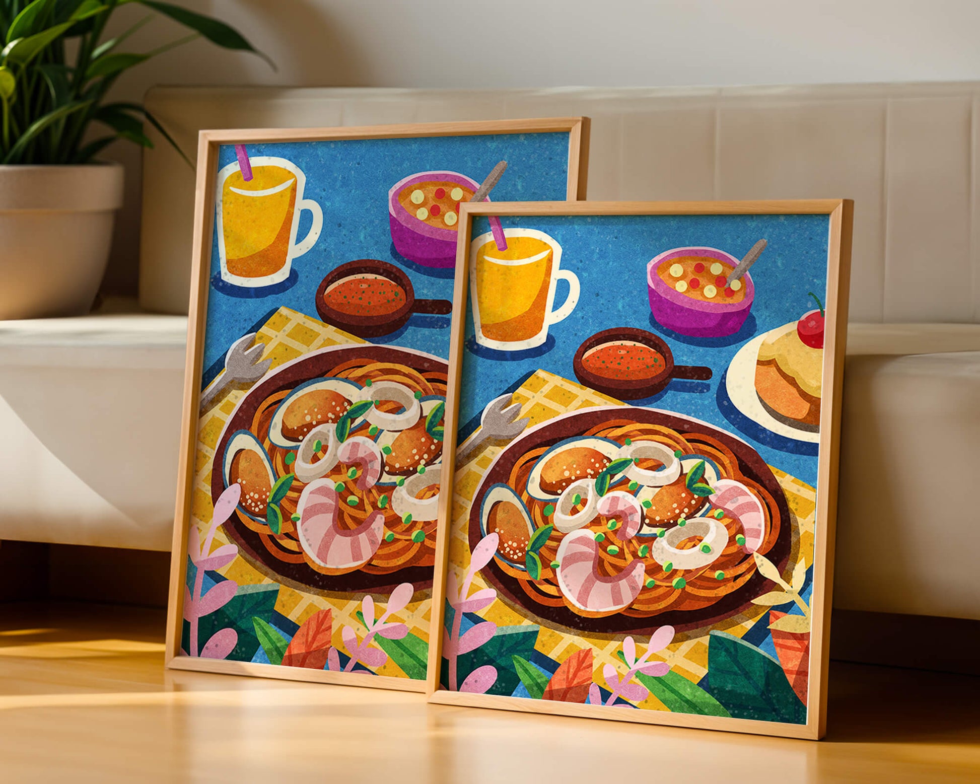 Colorful Illustrative Breakfast Scene with Pasta and Drinks