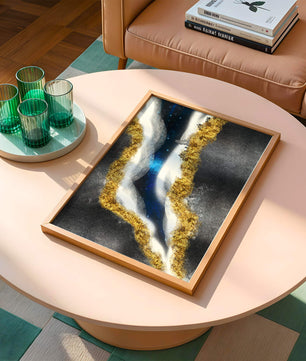 Abstract flowing design with gold, blue, and white textures