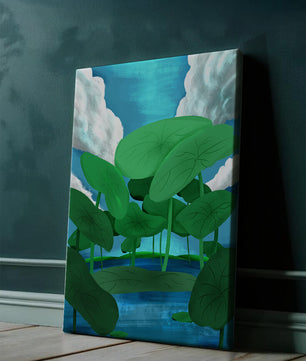 Serene landscape with lush green leaves and blue horizon