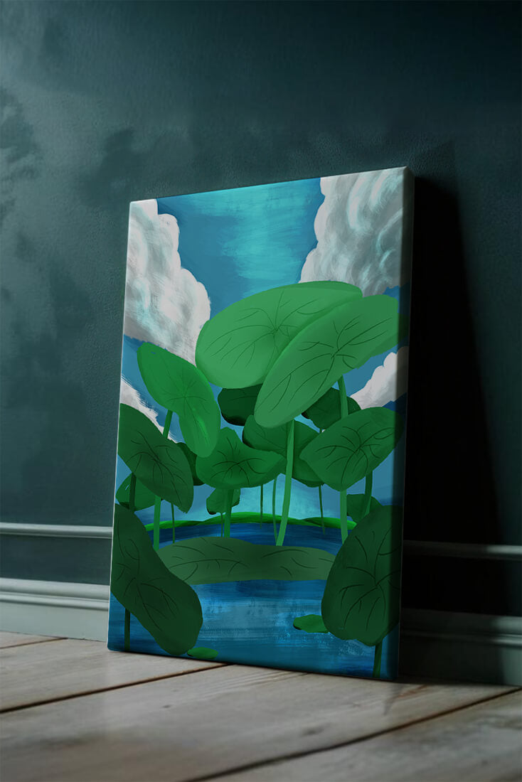 Serene landscape with lush green leaves and blue horizon