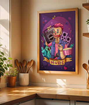 Illustration colorée sur le thème de la musique avec un personnage et des instruments