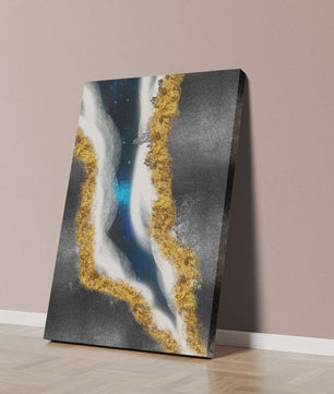Abstract flowing design with gold, blue, and white textures