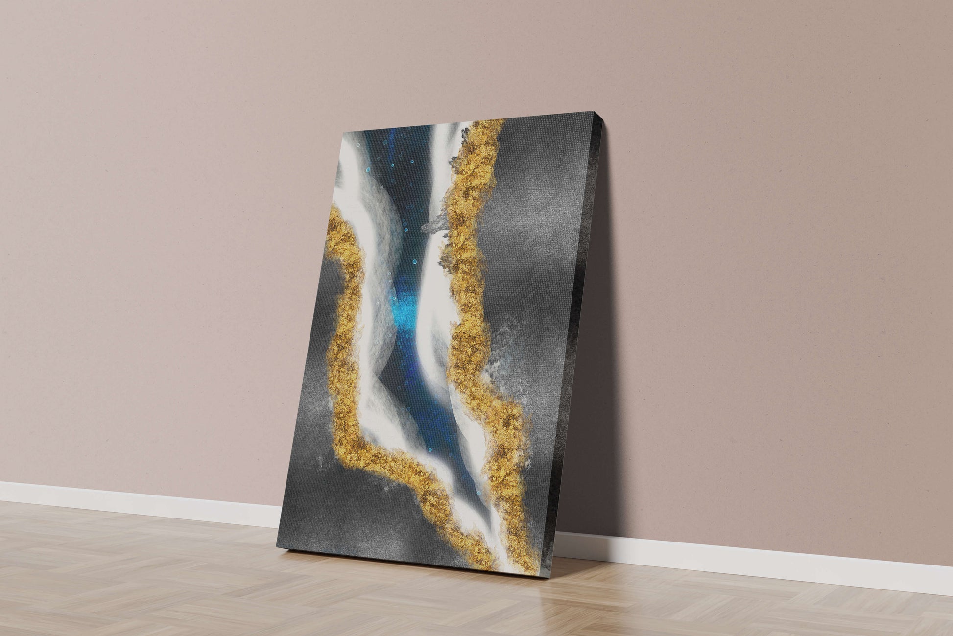 Abstract flowing design with gold, blue, and white textures
