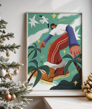 Colorful Abstract Surreal Landscape with Giant Figure and Nature Elements