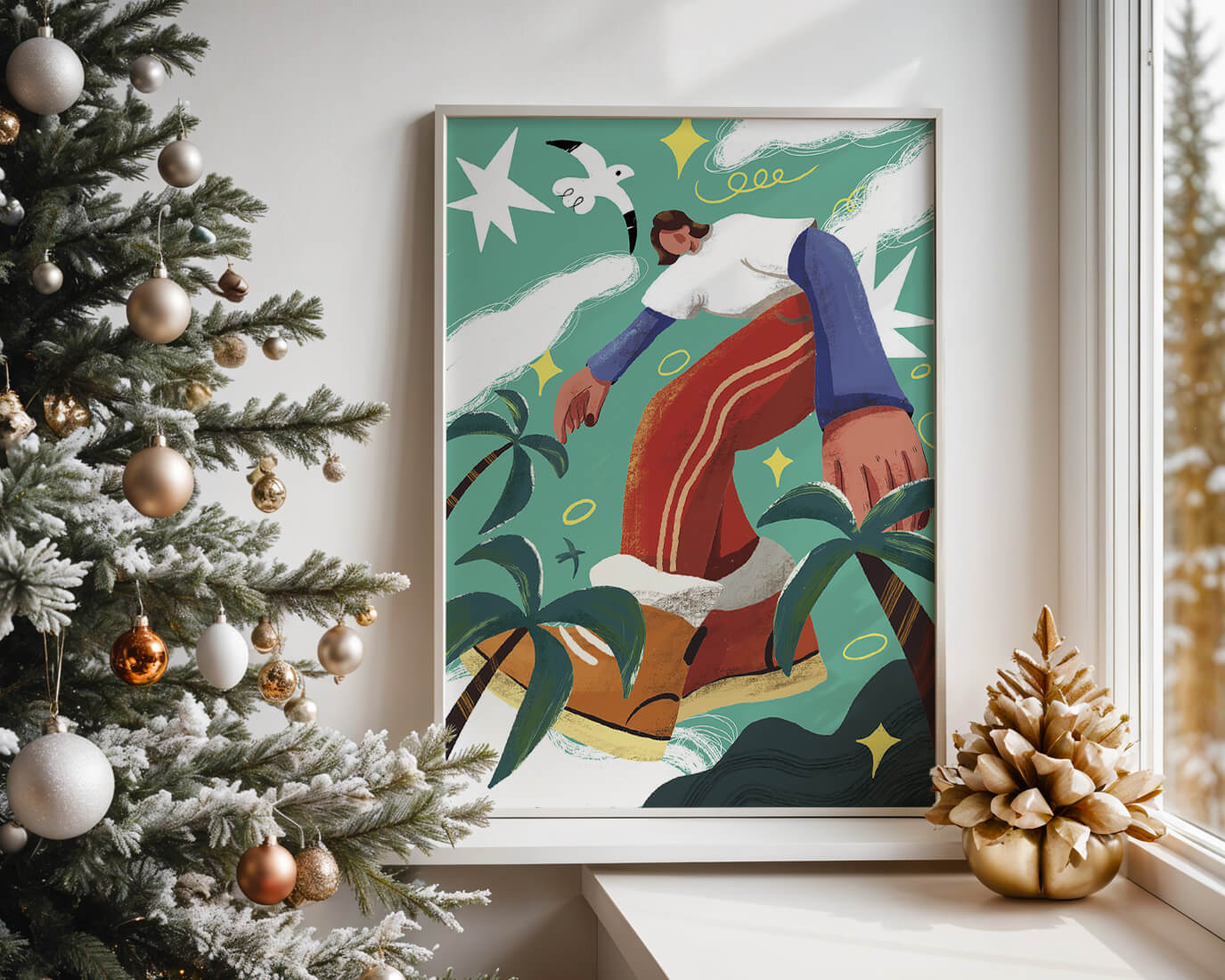 Colorful Abstract Surreal Landscape with Giant Figure and Nature Elements