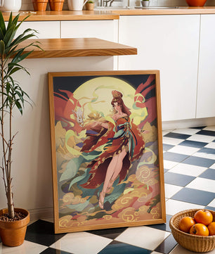 An enchanting depiction of a celestial figure with a mystical rabbit and vibrant attire