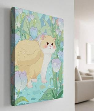 Charmante illustration d’un chat dans un jardin luxuriant de tulipes