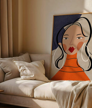 Colorful abstract portrait featuring a woman with red lips and hoop earrings on textured background - Mi tienda