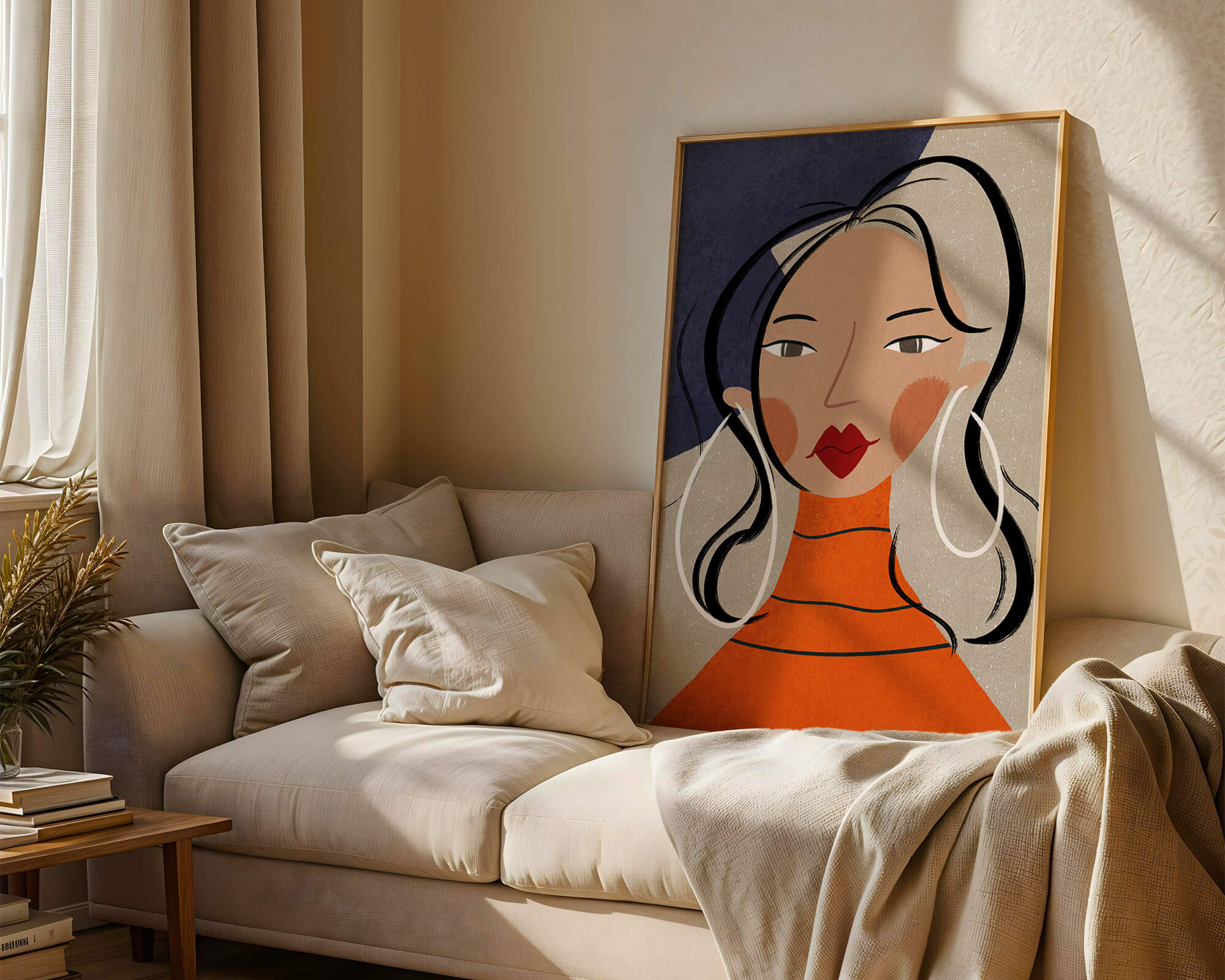 Colorful abstract portrait featuring a woman with red lips and hoop earrings on textured background - Mi tienda