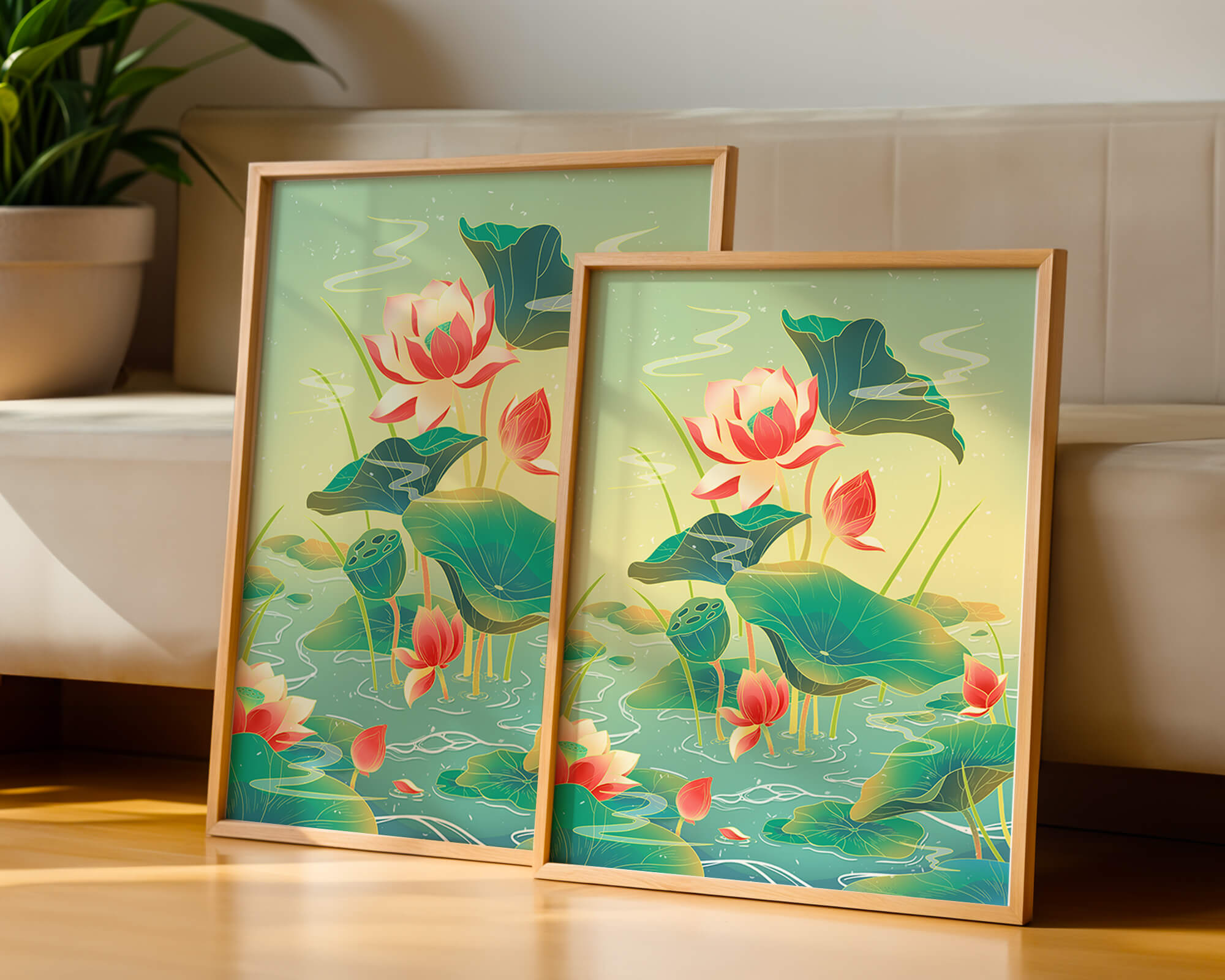 Serene lotus pond with vibrant lilies and lush green leaves