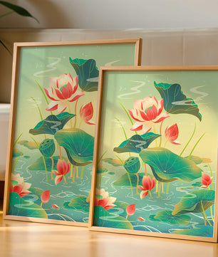 Serene lotus pond with vibrant lilies and lush green leaves