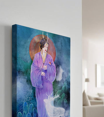 Elegant woman in traditional attire with a mystical deer set against a serene backdrop