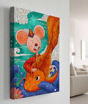 Whimsical illustration of a mouse riding a golden fish in a vibrant fantasy setting