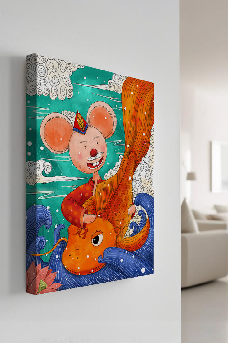 Whimsical illustration of a mouse riding a golden fish in a vibrant fantasy setting
