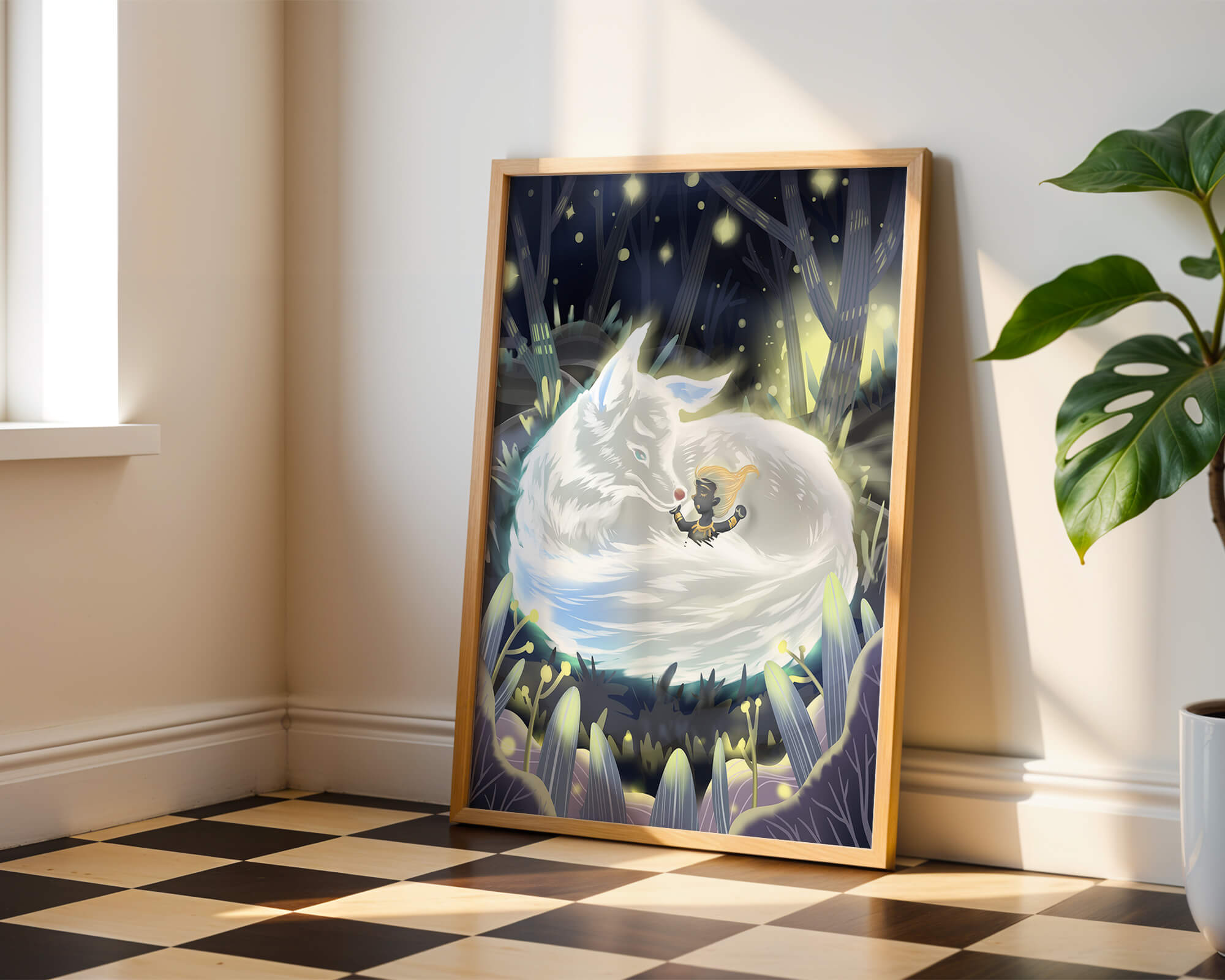 Whimsical forest scene with a sleeping wolf and a mysterious figure at night