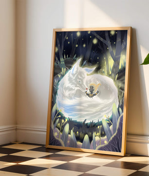 Scène de forêt fantaisiste avec un loup endormi et une silhouette mystérieuse la nuit