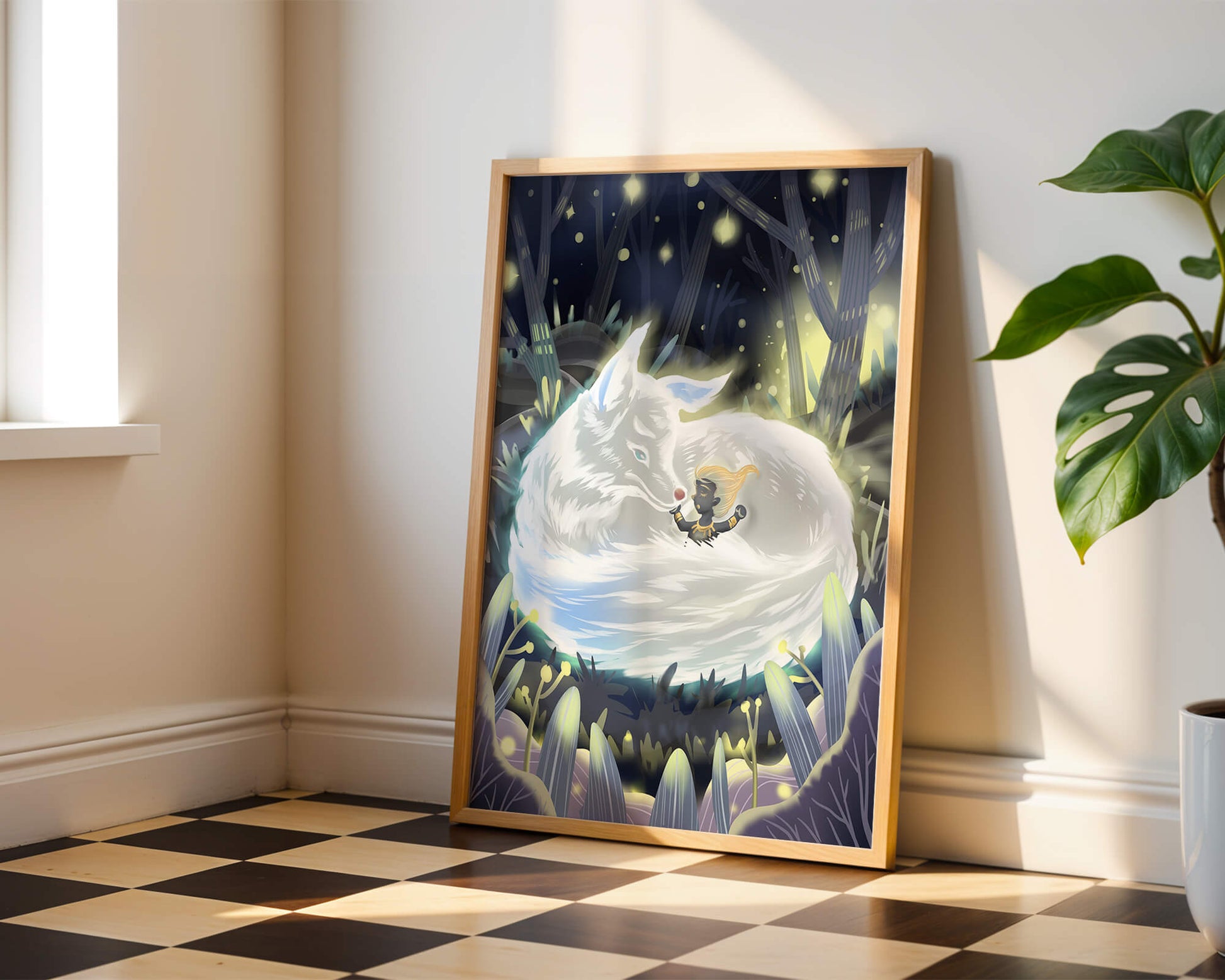 Whimsical forest scene with a sleeping wolf and a mysterious figure at night