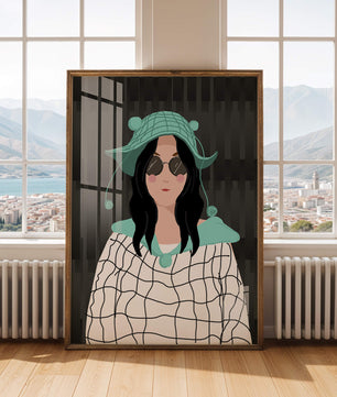 Illustration of a woman in a colorful hat and sunglasses