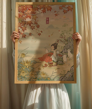 Traditional Chinese painting with autumn scenery and lady sipping tea