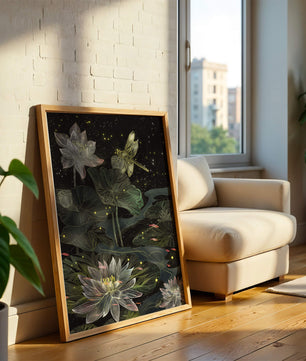 Lotus Flowers and Dragonfly in Nighttime Pond