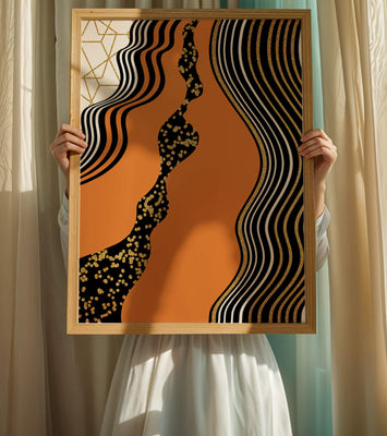 Artistic abstract design with wavy black lines and golden accents