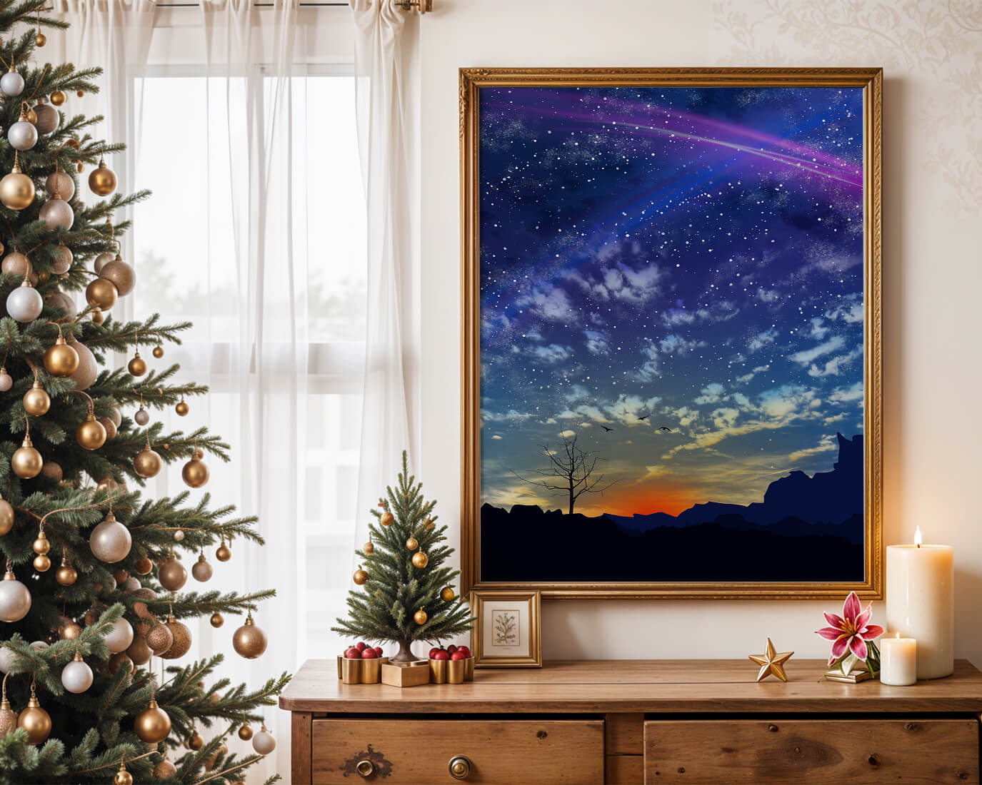 Impresionante cielo nocturno con constelaciones y colorido atardecer.
