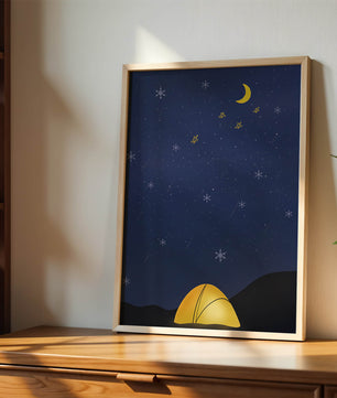Camping Under Night Sky with Stars and Crescent Moon