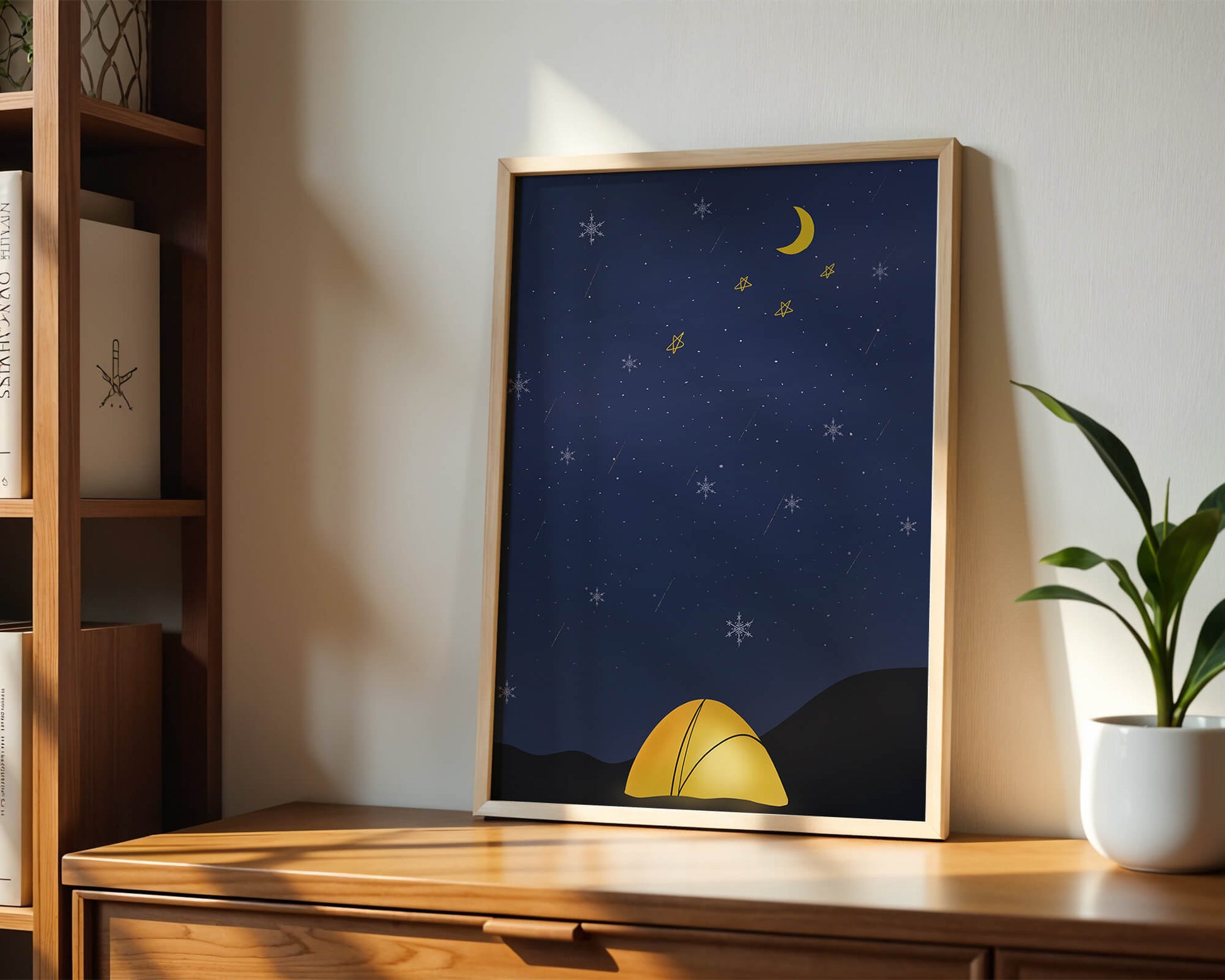 Camping Under Night Sky with Stars and Crescent Moon