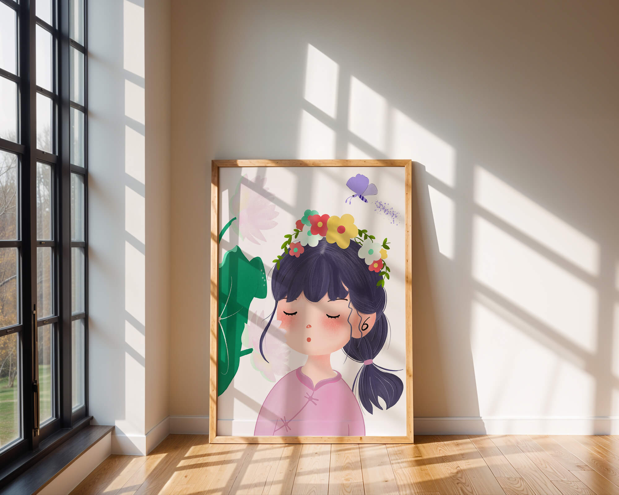 Whimsical illustration of a girl with a flower crown and butterfly