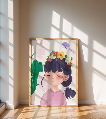 Whimsical illustration of a girl with a flower crown and butterfly