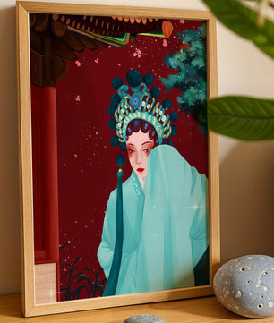 Traditional Asian art with elegant woman in traditional attire