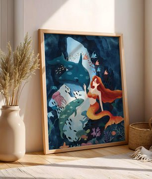 Underwater scene with a mermaid interacting with sea creatures in a vibrant ocean cave