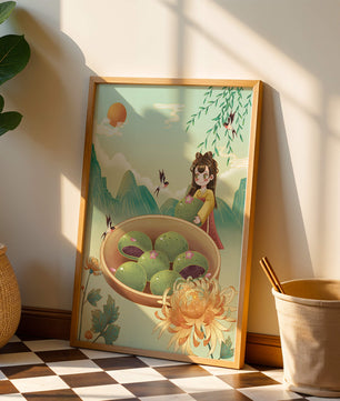 Charming Scene with Traditional Dress and Scenic Landscape Featuring Floral Elements and Birds