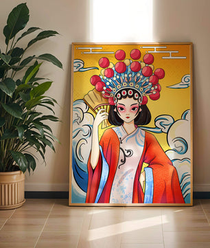 Eine elegante Darstellung asiatischer Kunst mit traditioneller Kleidung und kunstvollem Kopfschmuck