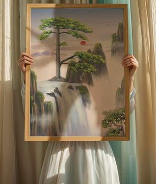 Serene landscape with flowing waterfall and sunrise