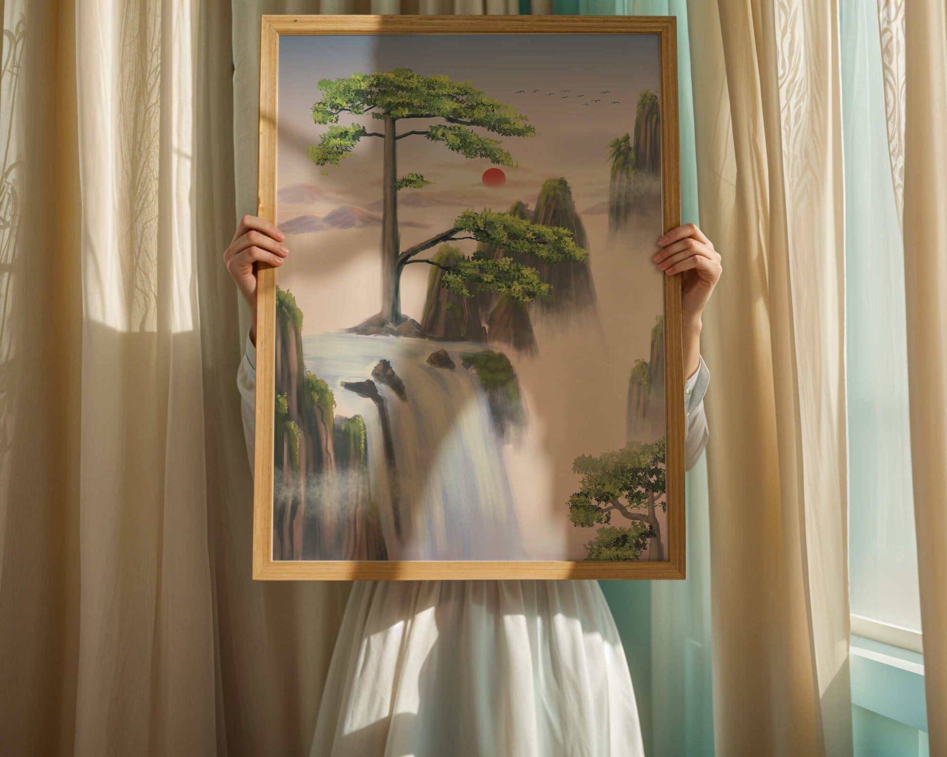 Serene landscape with flowing waterfall and sunrise