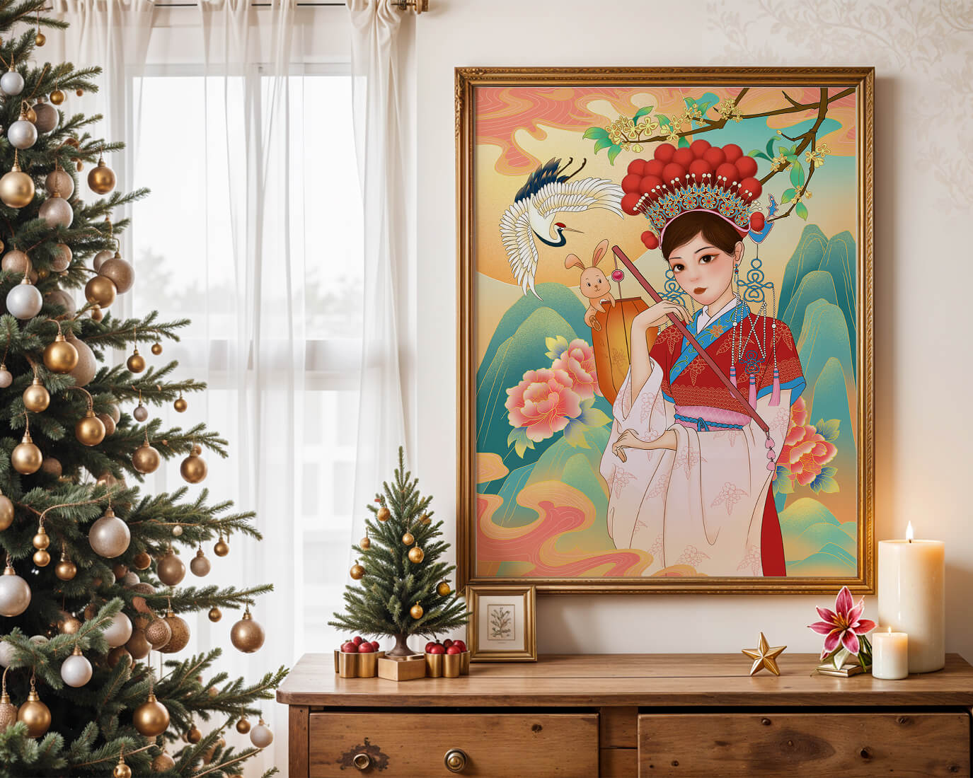 Elegant traditional Chinese illustration featuring a woman in vibrant attire with floral and animal motifs
