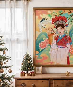 Elegante traditionelle chinesische Illustration mit einer Frau in lebendiger Kleidung mit Blumen- und Tiermotiven