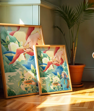 Escena ilustrativa de la cultura del té con montañas y elementos florales