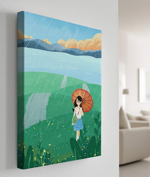 Girl with Umbrella in Rainy Meadow